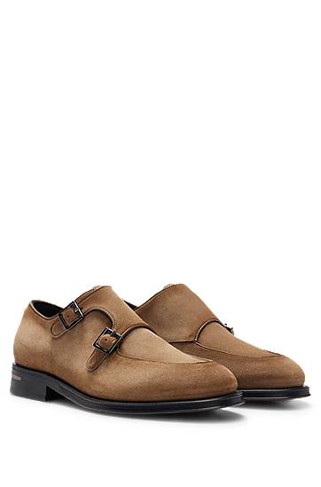 Shaded-suede double-monk shoes with branded buckles, Hugo boss