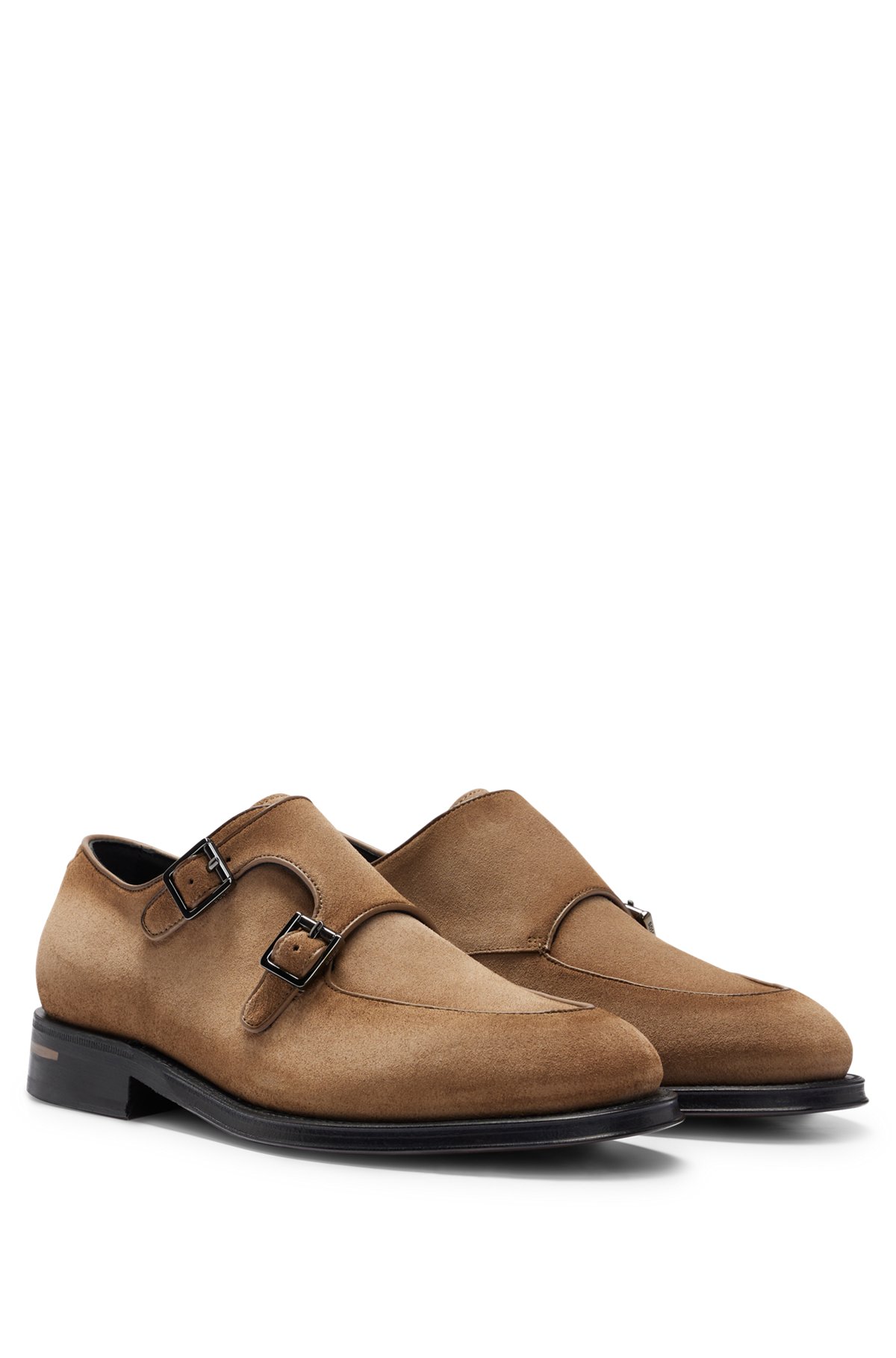 BOSS - Shaded-suede double-monk shoes with branded buckles