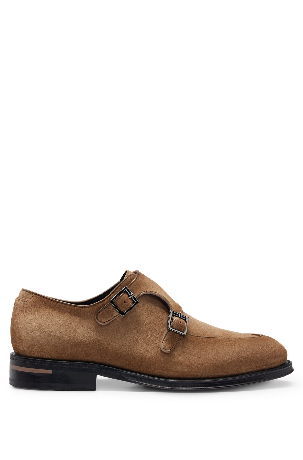 Shaded-suede double-monk shoes with branded buckles, Beige