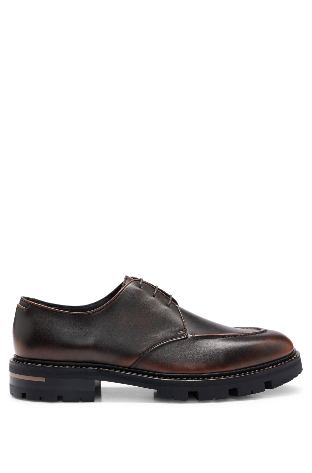 Treated-leather Derby shoes with camel-toned stitching, Dark Brown
