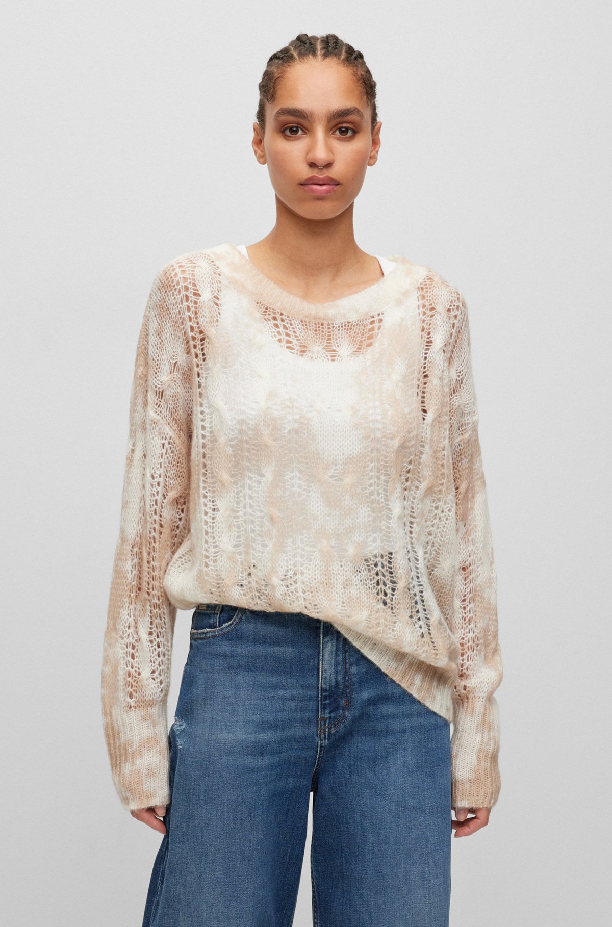 Wide-neck printed sweater with open cable knit, Light Beige