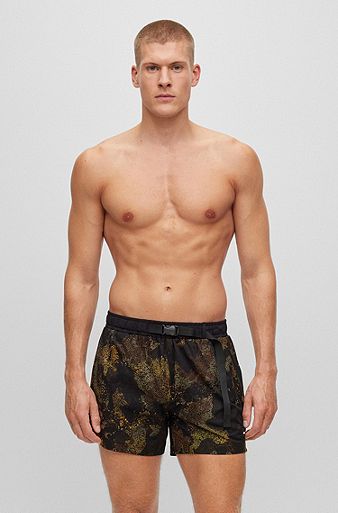 Quick-drying swim shorts in printed recycled fabric, Dark Green