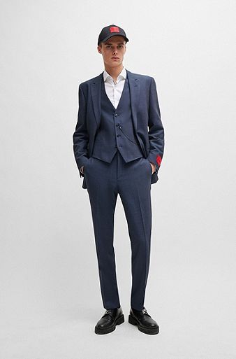 Three-piece slim-fit suit in performance-stretch twill, Dark Blue