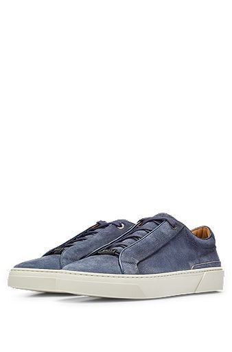 Suede lace-up trainers with branded loop, Blue