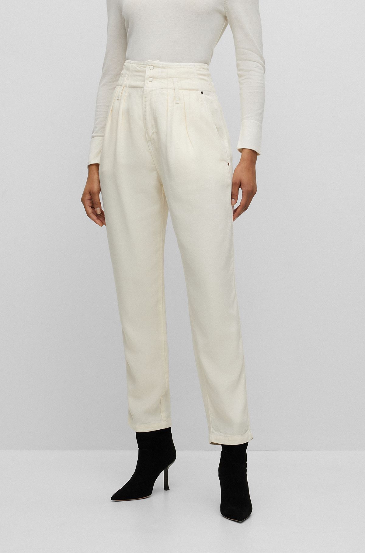 Bukser med regular fit, plisseret talje og slank ankel, Hvid