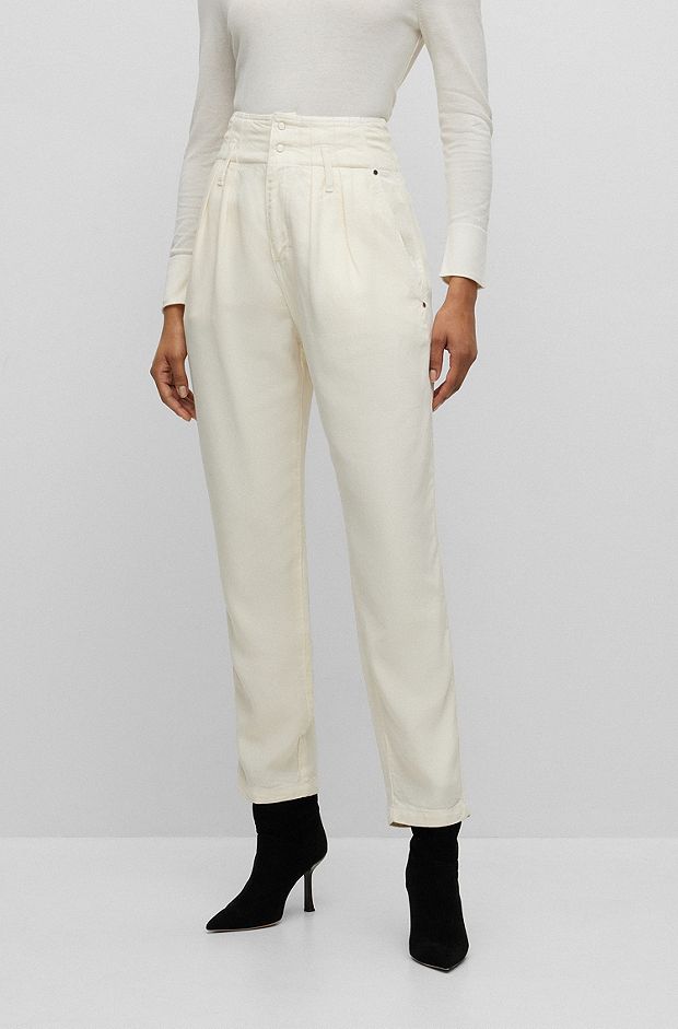 Regular-fit trousers with pleated waist and tapered leg, White
