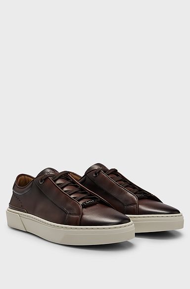 Gary leather low-top trainers with branded lace loop, Dark Brown