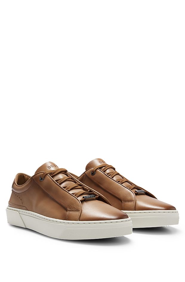 Leather trainers with branded lace loop, Brown