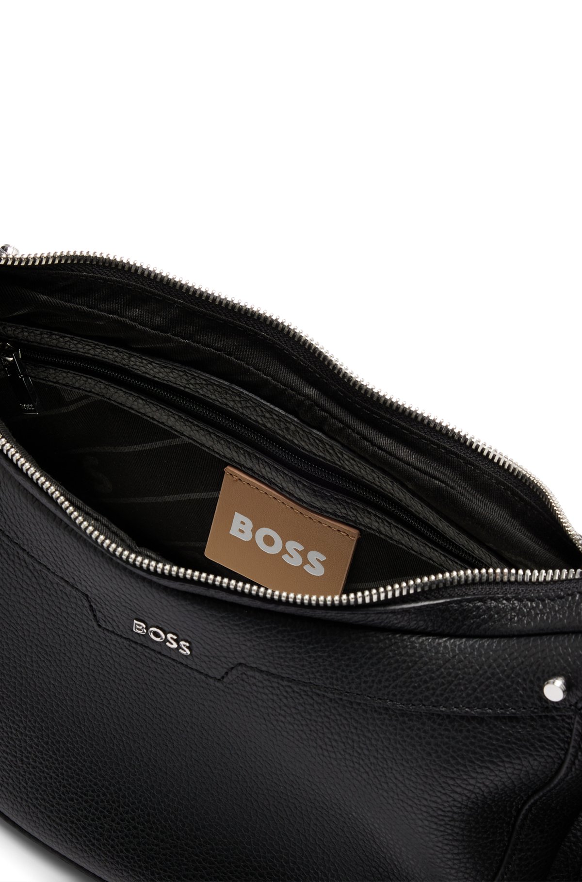 Hobo bag in grained leather with stud details, Black