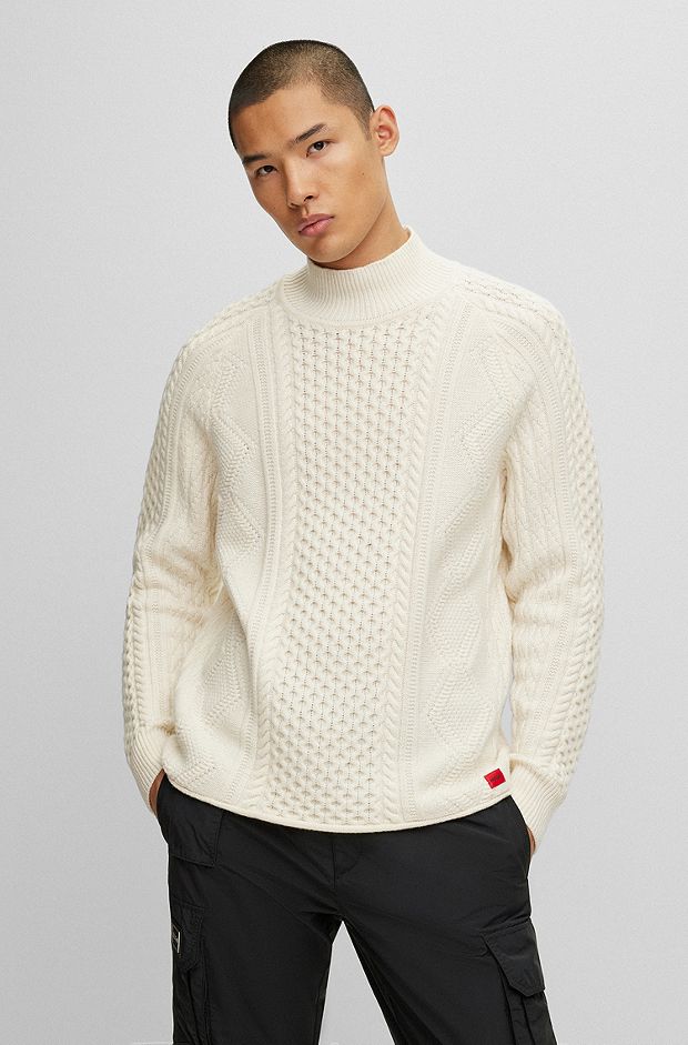 Oversized-fit cable-knit sweater in a wool blend, Natural