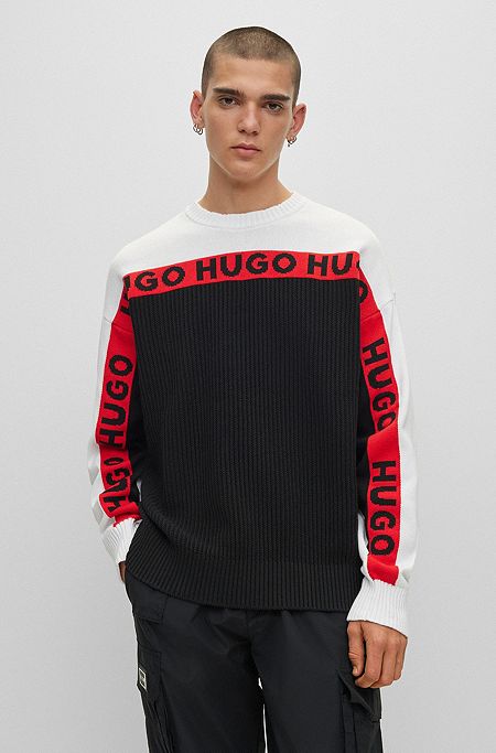 Pure-cotton sweater with logo-tape detail, Black