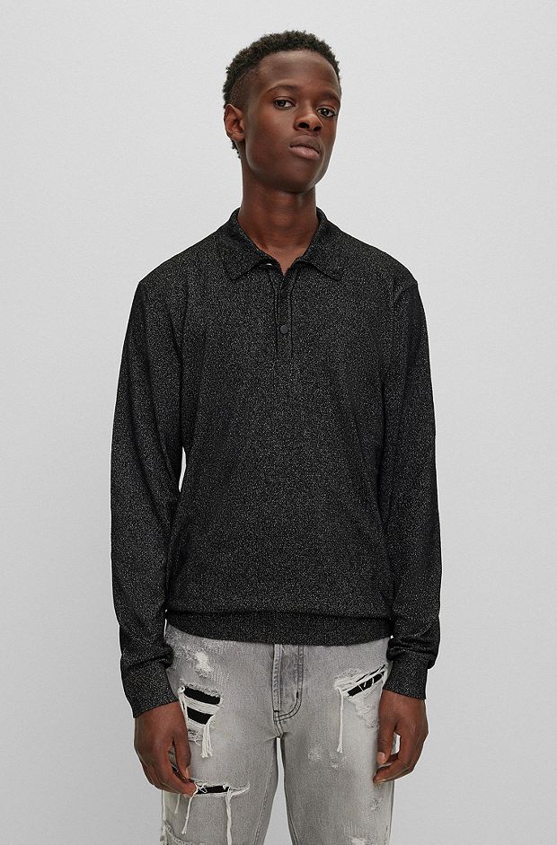 Relaxed-fit sparkle-effect polo sweater, Black