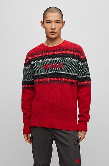 Wool-blend relaxed-fit sweater with logo jacquard, Red
