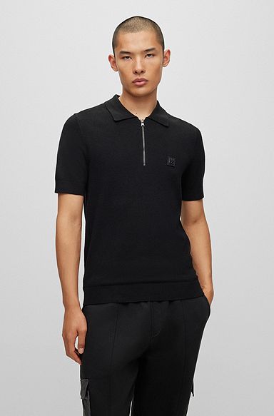 Short-sleeved zip-neck polo sweater with stacked logo, Black