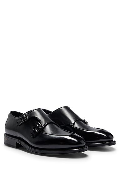 Double-monk shoes in burnished Italian leather, Black