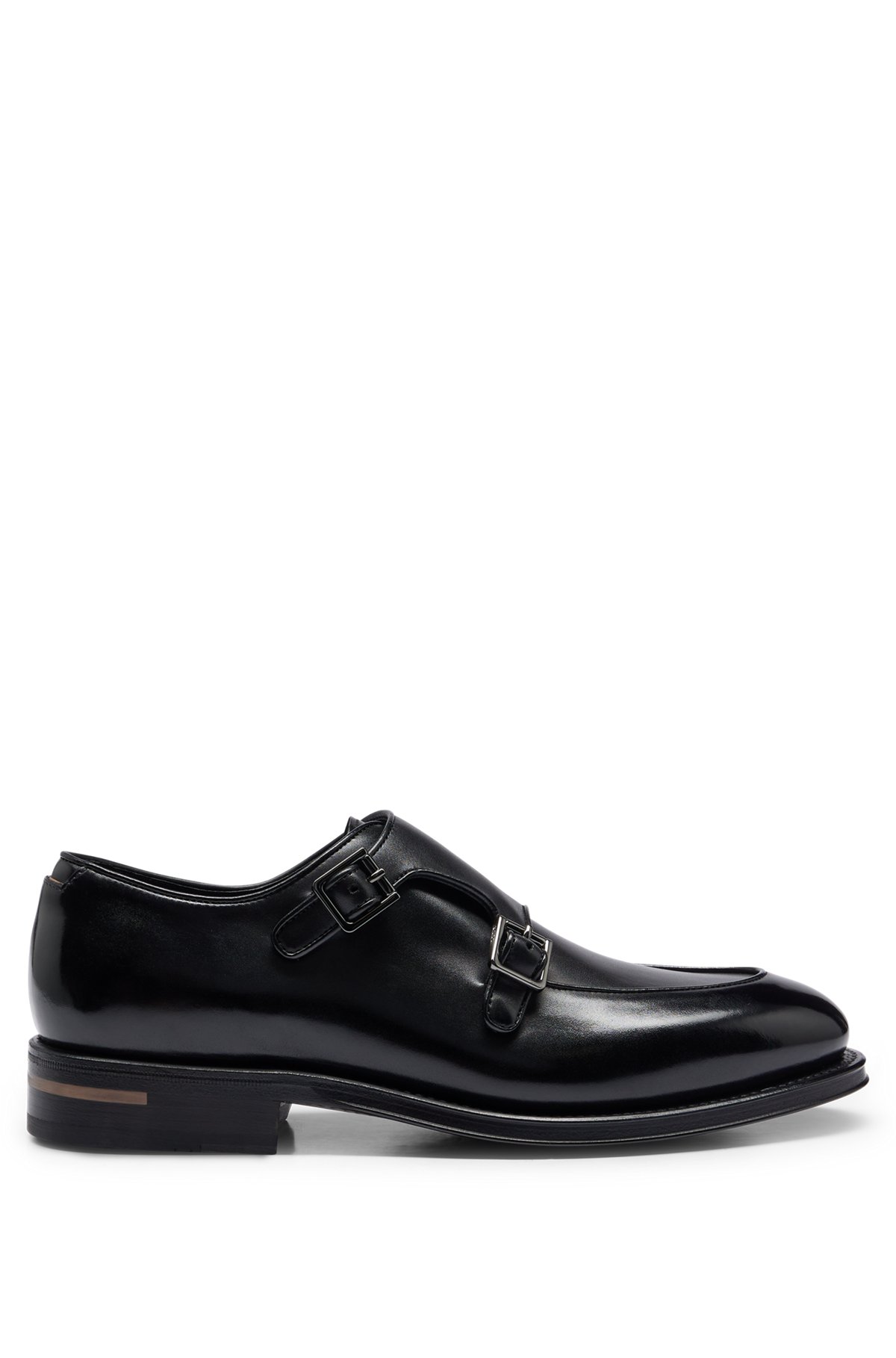 Double-monk shoes in burnished Italian leather, Black
