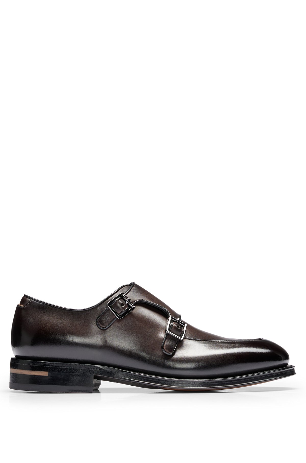 Double-monk shoes in burnished Italian leather, Dark Brown
