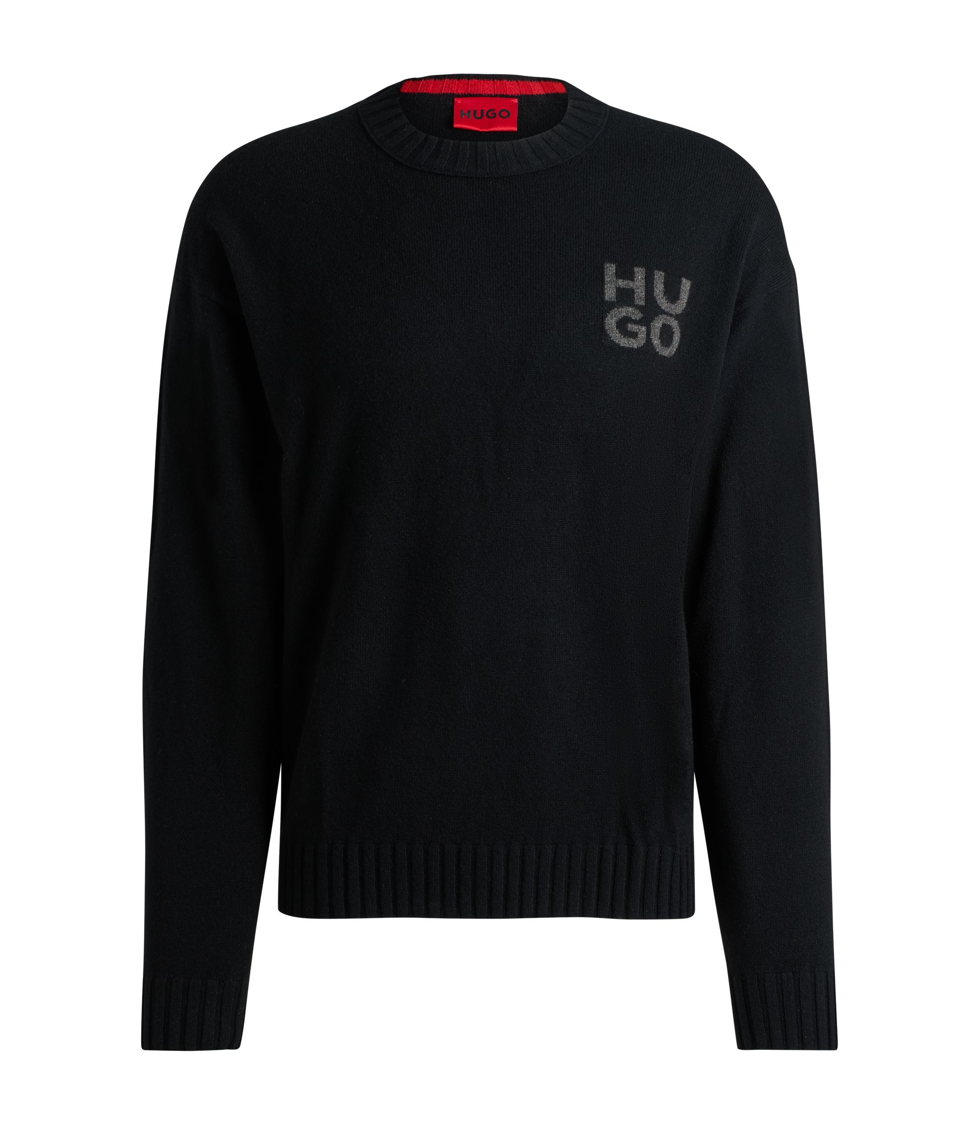 HUGO - Stacked-logo sweater in a melange virgin-wool blend - Black