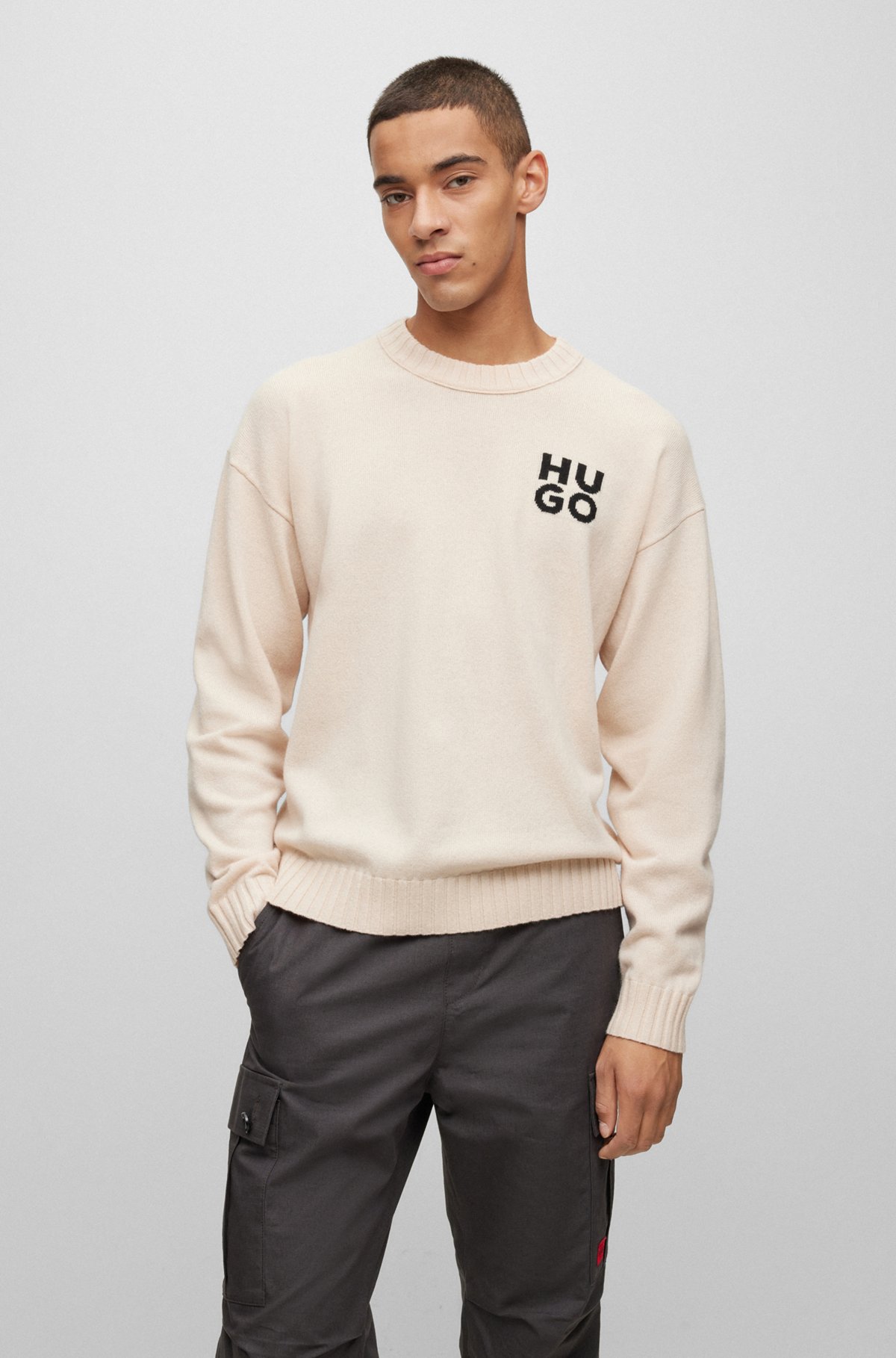 Stacked-logo sweater in a melange virgin-wool blend, Light Beige