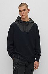 Relaxed-fit zip-neck hoodie with stacked logo, Black