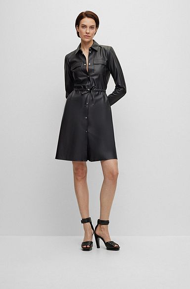 Regular-fit shirt dress in faux leather, Black
