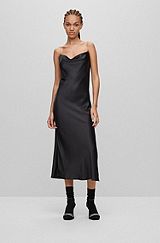 Regular-Fit Kleid mit Wasserfall-Ausschnitt und kristallenen Trägern, Schwarz
