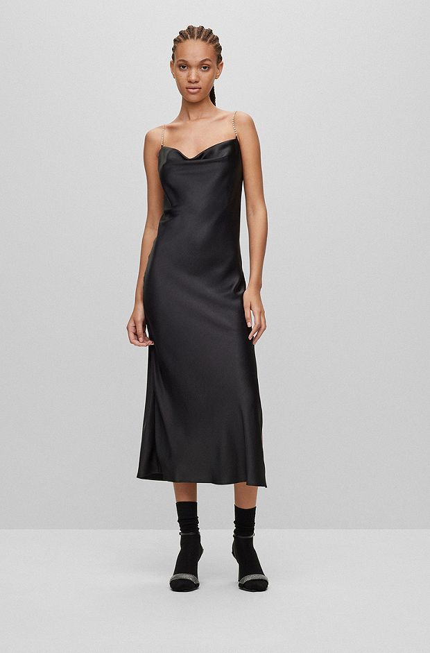 Regular-Fit Kleid mit Wasserfall-Ausschnitt und kristallenen Trägern, Schwarz