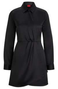Long-sleeved dress in satin with wrap front, Black