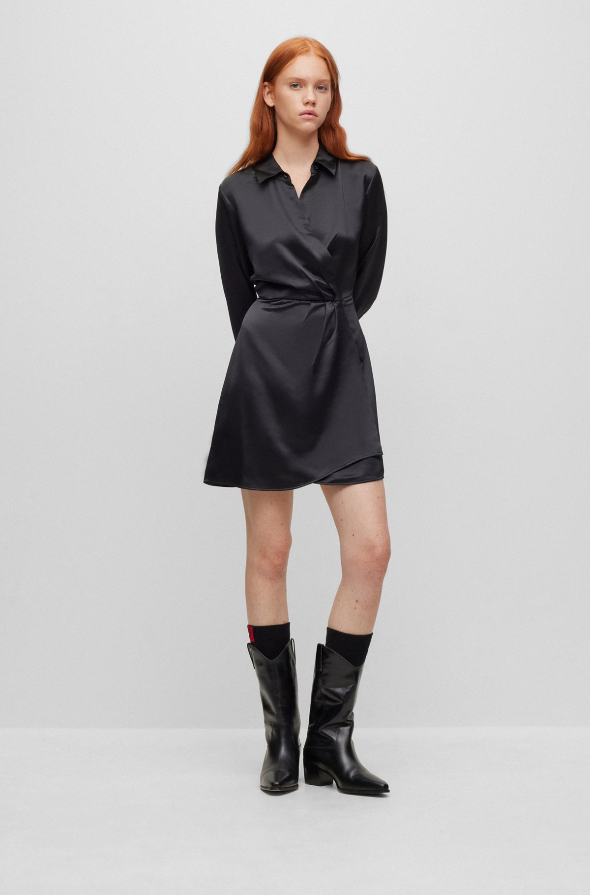 Long-sleeved dress in satin with wrap front, Black