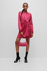 Long-sleeved dress in satin with wrap front, Pink