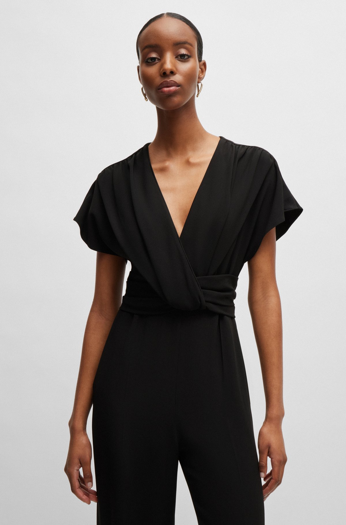 Slim-fit jumpsuit with wrap front, Black