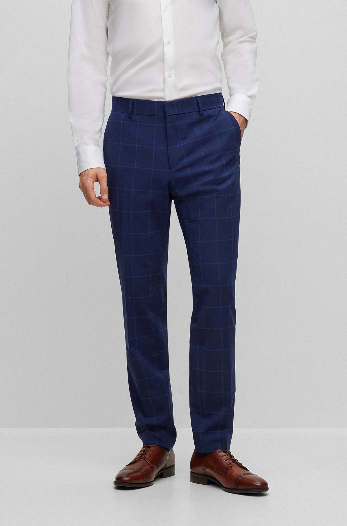Slim-fit trousers in checked stretch cloth, Dark Blue