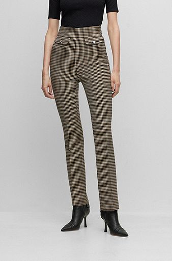 Slim-fit trousers in stretch fabric with front pockets, Dark Brown
