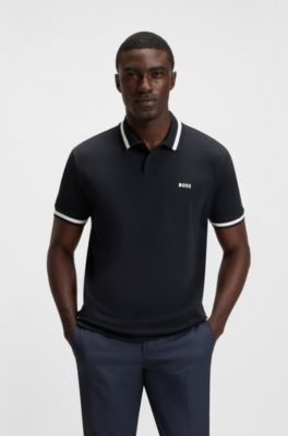 Cotton-piqu&eacute; polo shirt with contrast details, Dark Blue