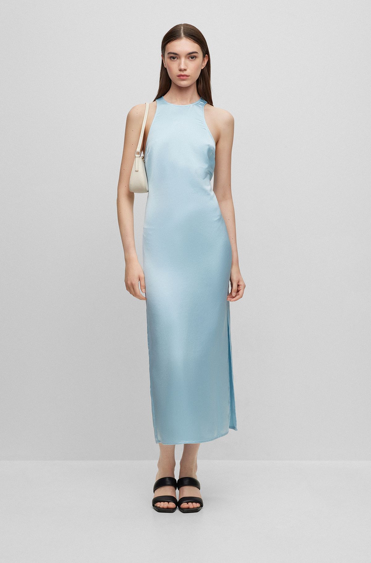 Maxi dress in satin with racer back, Light Blue