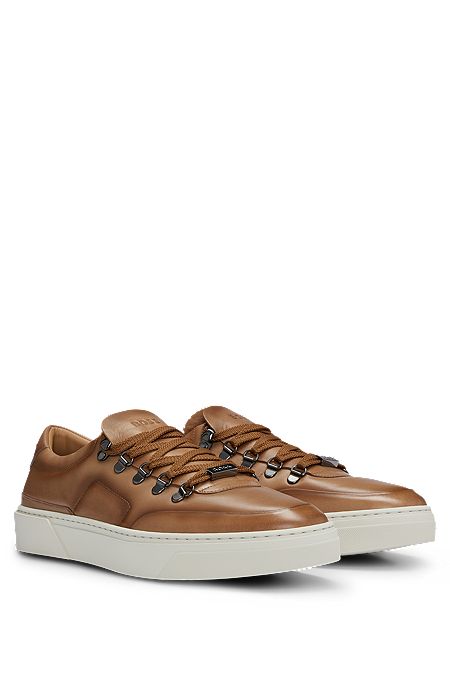 Hiking-style leather trainers with shearling tongue, Brown