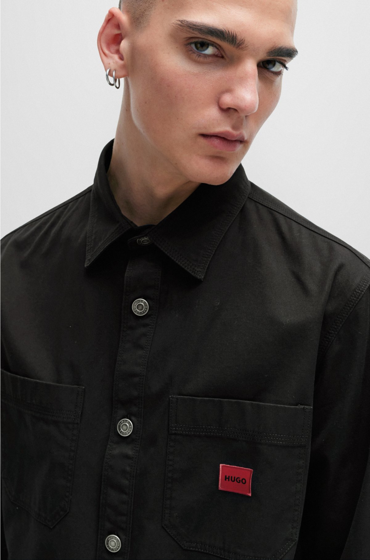 Oversized-fit shirt in cotton twill with logo label, Black