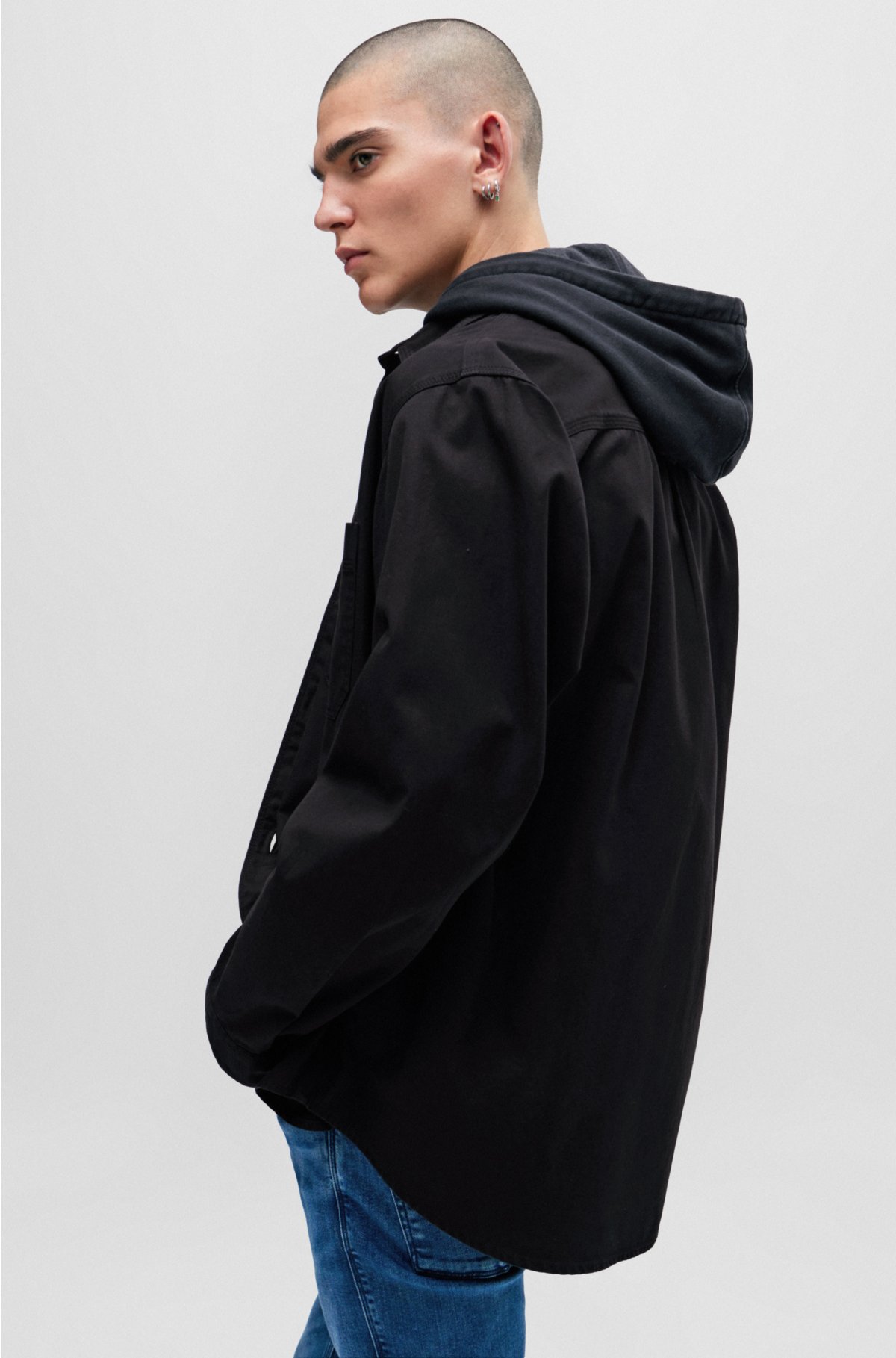 Oversized-fit shirt in cotton twill with logo label, Black