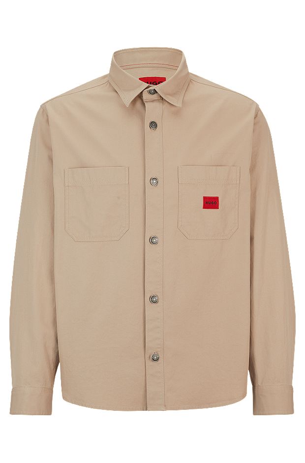 Oversized-fit shirt in cotton twill with logo label, Beige
