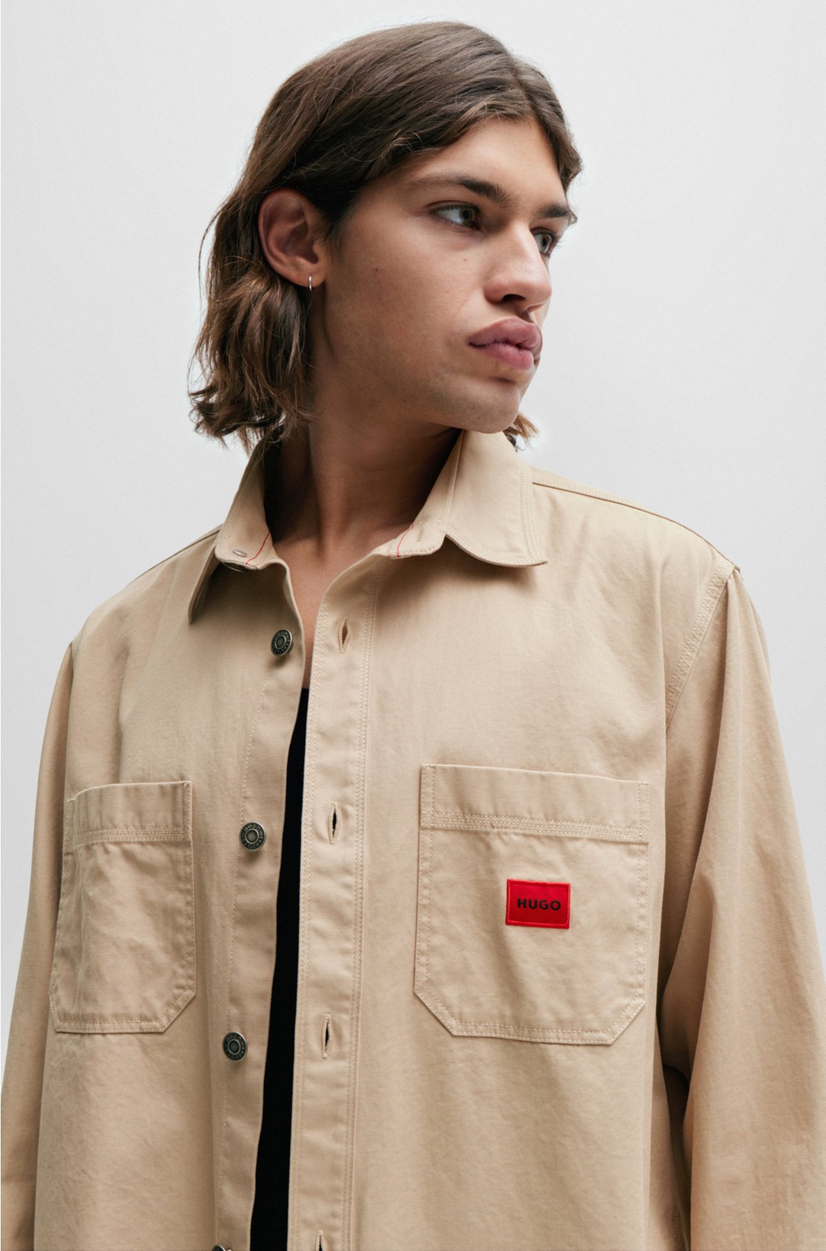 Oversized-fit shirt in cotton twill with logo label, Beige