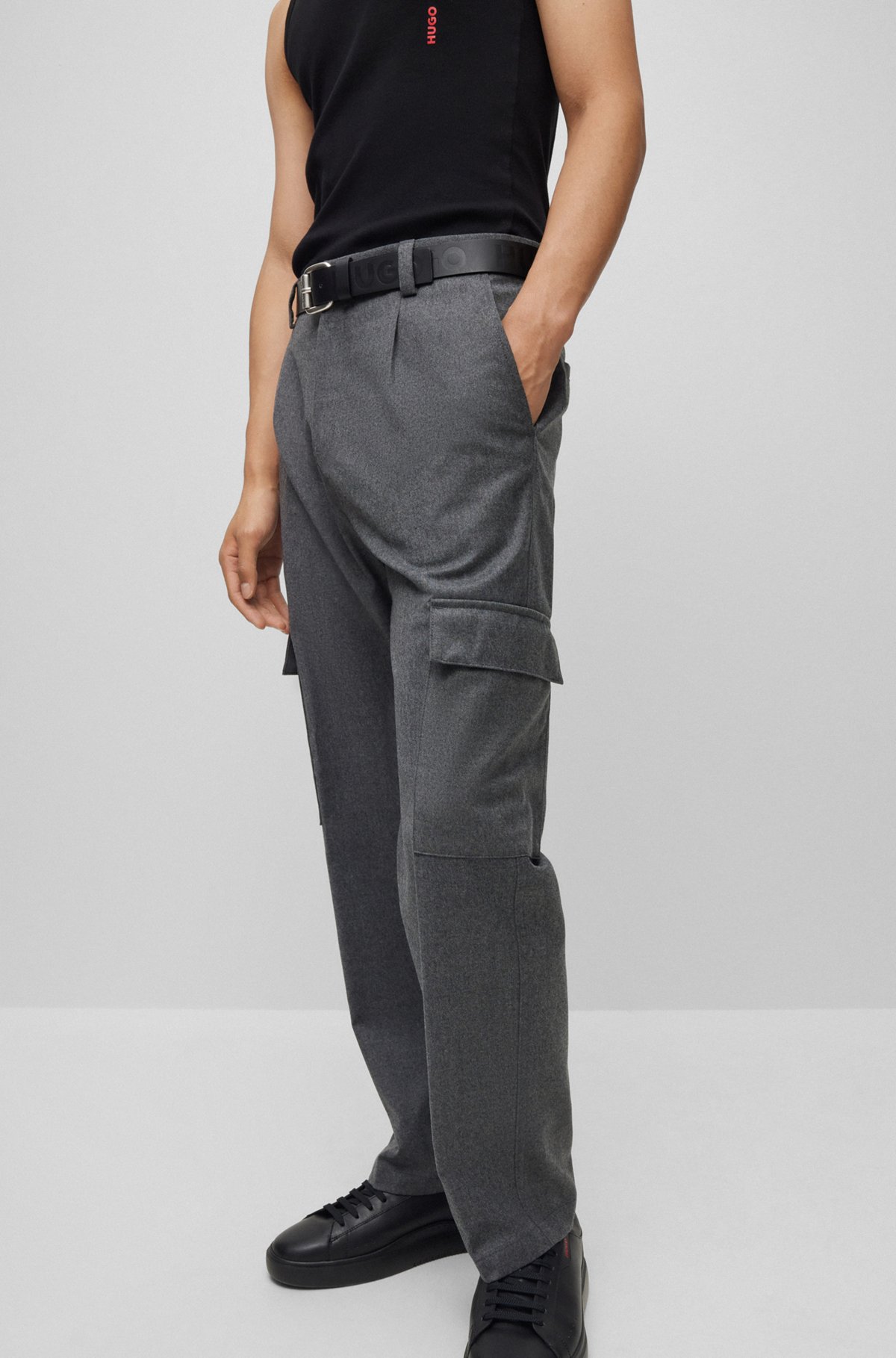 Suit trousers in melange stretch-wool flannel, Dark Grey