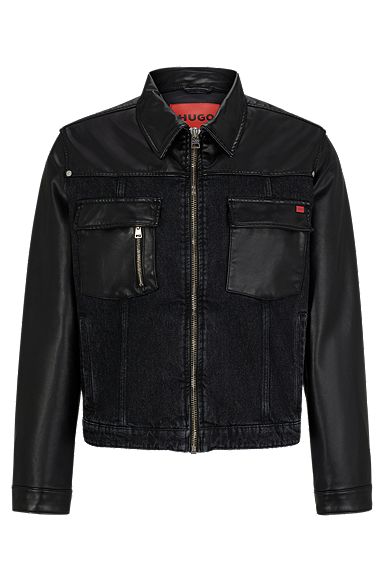 Regular-fit jacket in denim and coated fabric, Black
