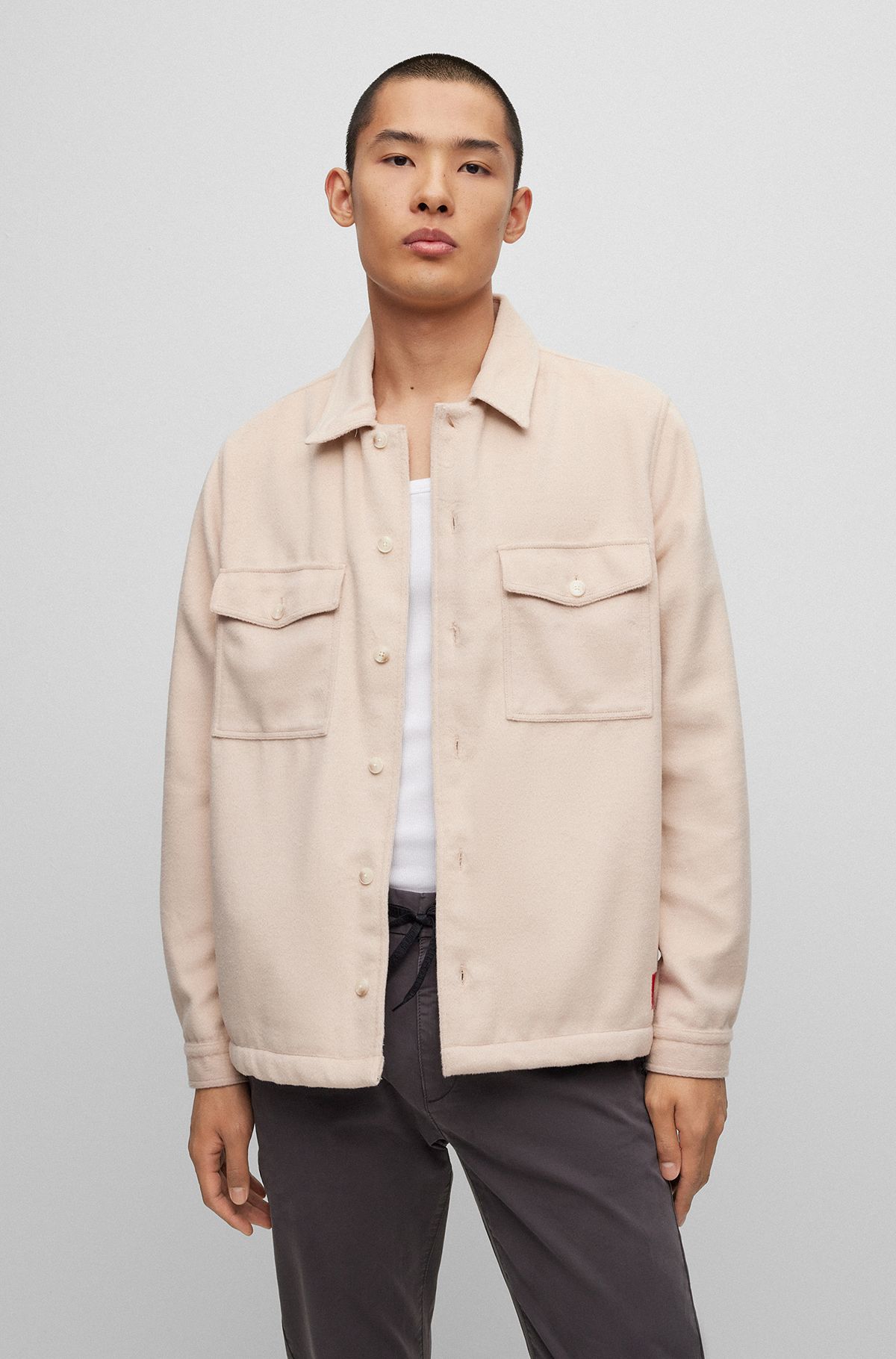 Oversized-fit overshirt with red logo label, Light Beige