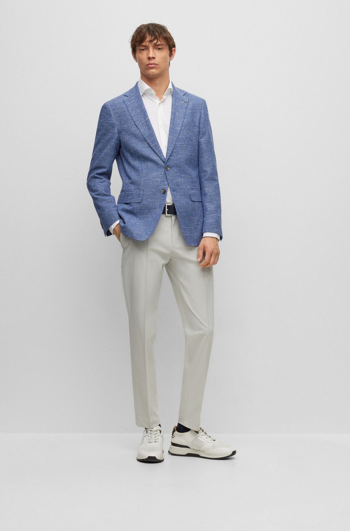 Slim-fit jacket in a micro-patterned cotton blend, Blue