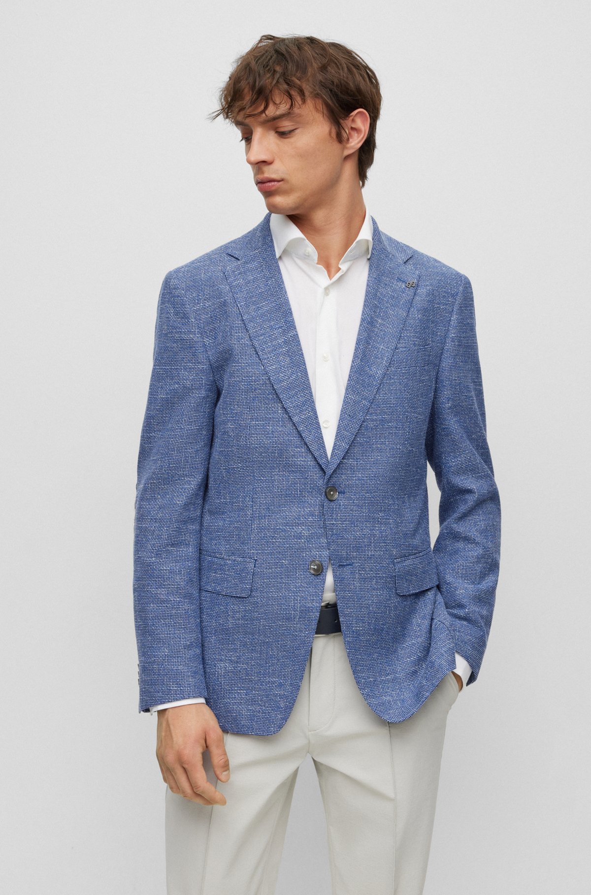 Slim-fit jacket in a micro-patterned cotton blend, Blue