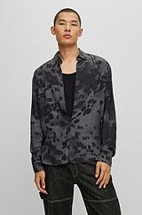 Slim-fit shirt in seasonal-print canvas, Dark Grey