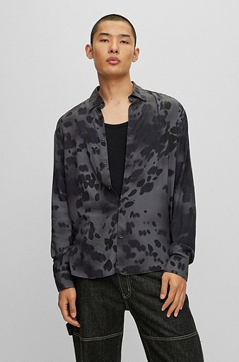 Slim-fit shirt in seasonal-print canvas, Dark Grey