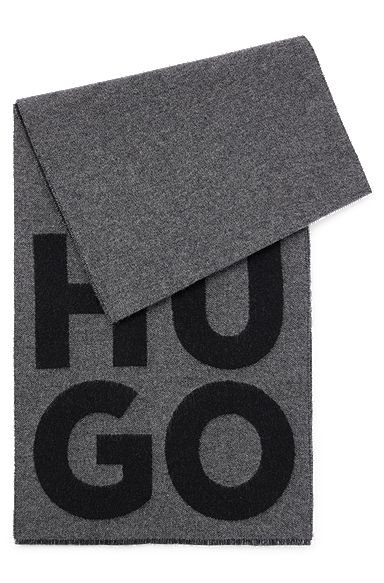 Wool-blend scarf with stacked logo and fringing, Grey