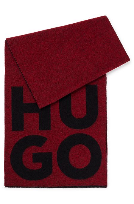 Wool-blend scarf with stacked logo and fringing, Red