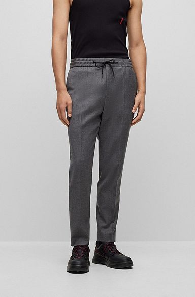 Drawstring trousers in melange stretch-wool flannel, Dark Grey